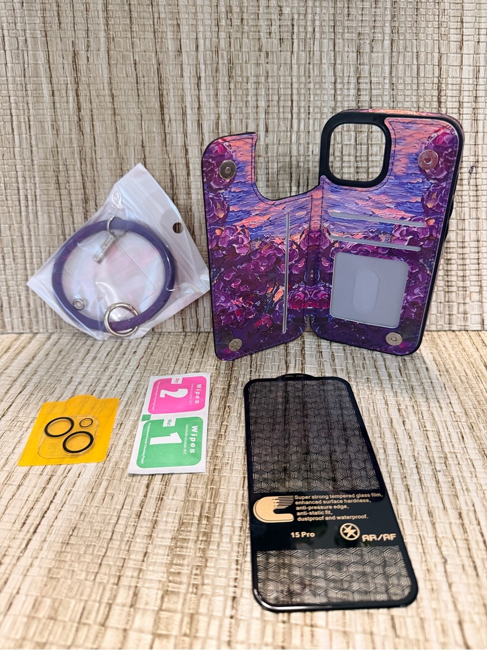 Wallet Case for iPhone 15 with Lens and Screen Protector